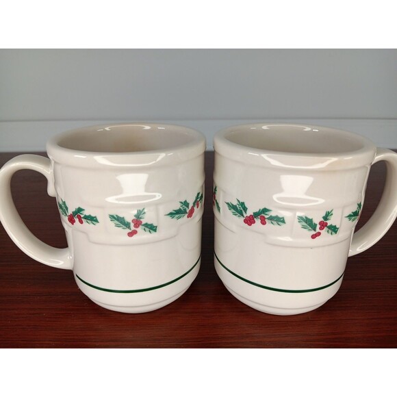 Set 2 Longaberger Pottery USA Woven Traditions Coffee Mug Holly & Berry See Pics - Picture 1 of 5